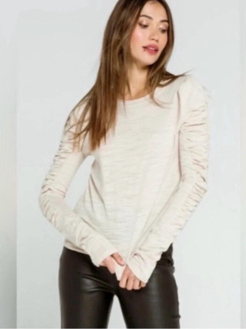 Free People Ivory Ruched Long Sleeve Top